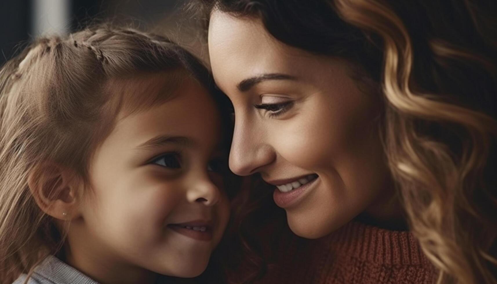 Smiling child and mother, a happy family full of love generated by AI photo