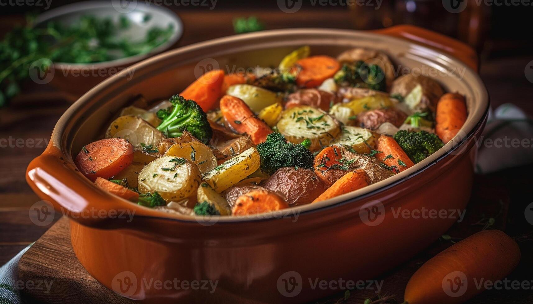 Freshness and rustic gourmet meal, cooked with organic vegetables generated by AI photo