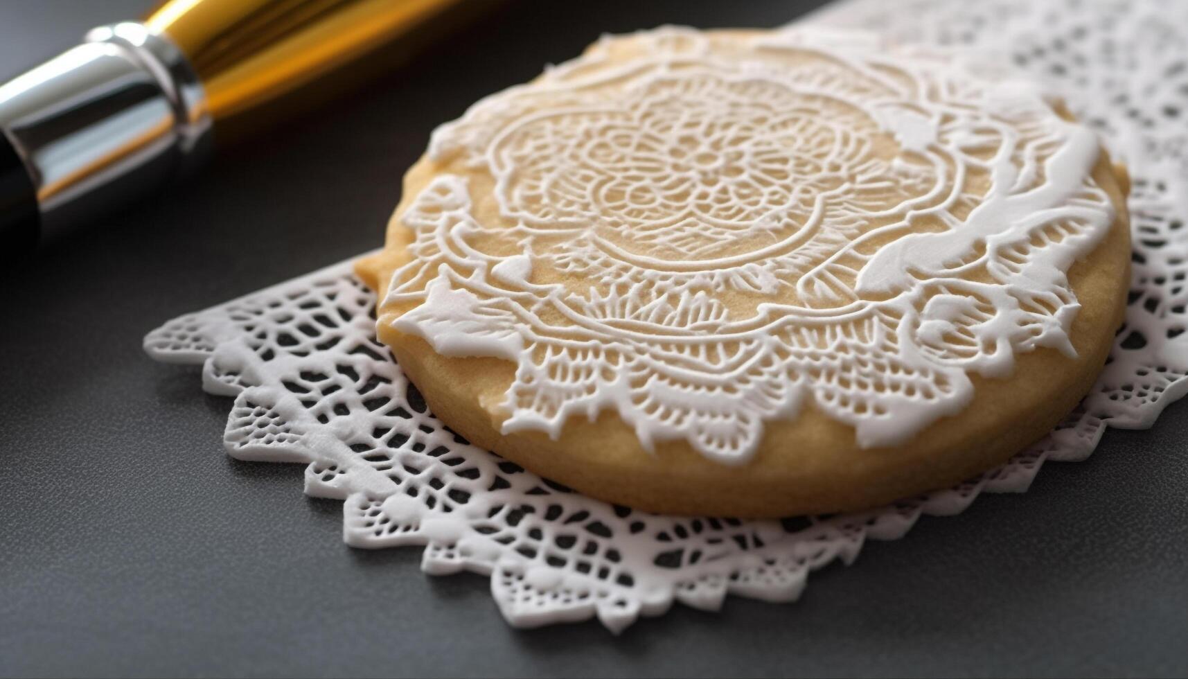 Homemade gourmet shortbread cookie on a rustic tablecloth, close up shot generated by AI photo