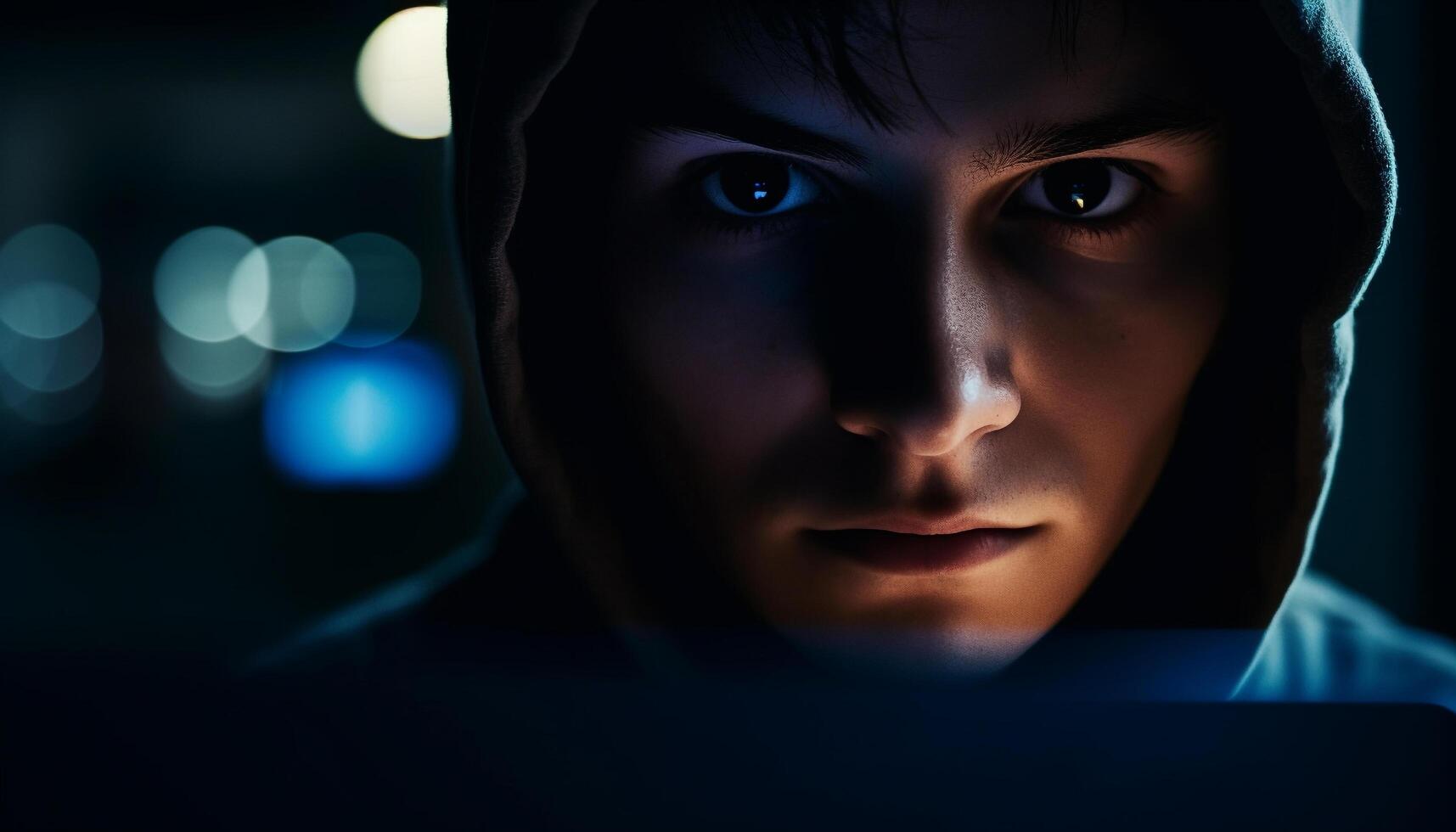 A lone man, hooded, staring, darkness, danger, mystery, sadness generated by AI photo
