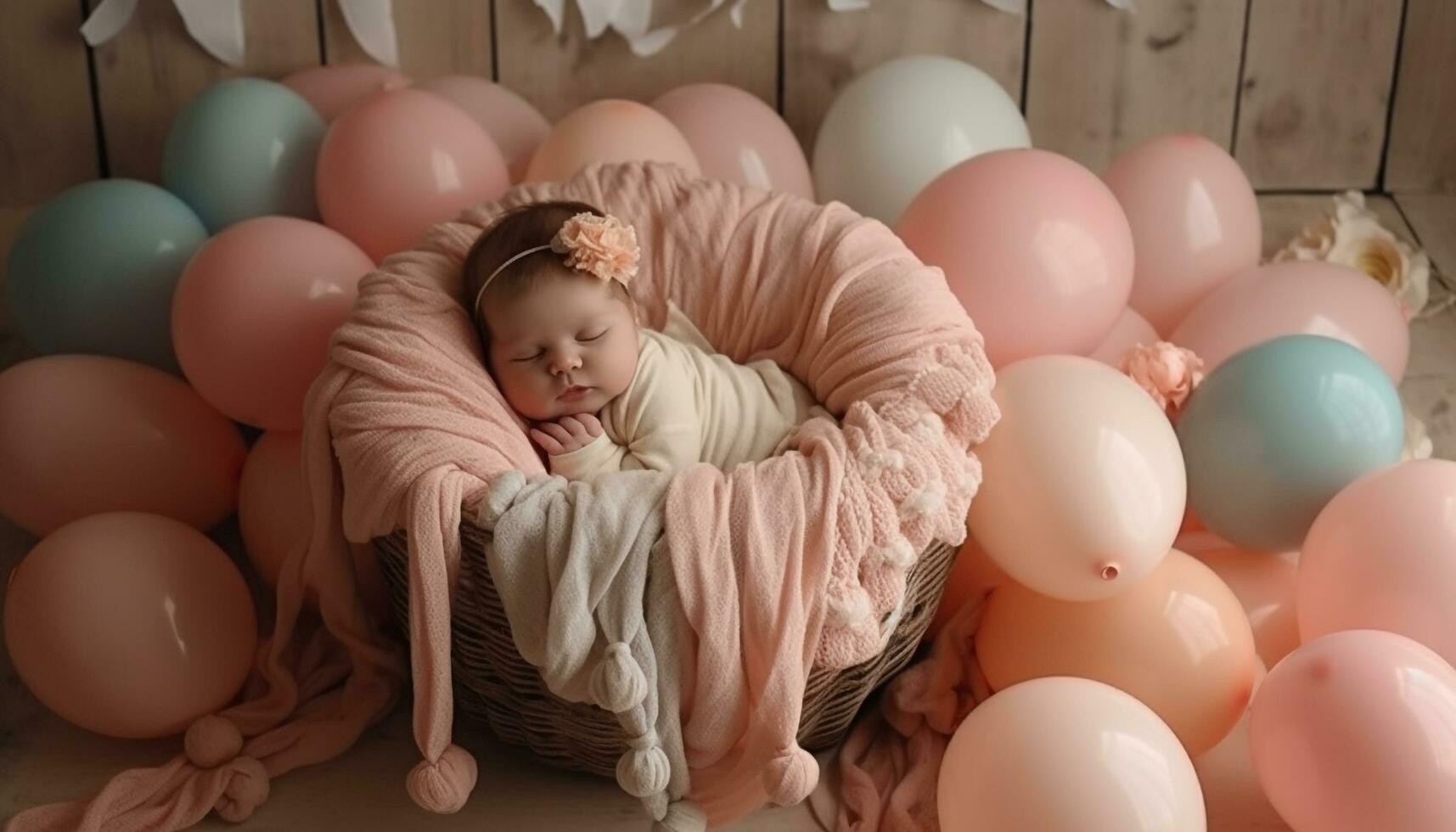 linda bebé niña durmiendo, envuelto en rosado frazada, rodeado por globos generado por ai foto