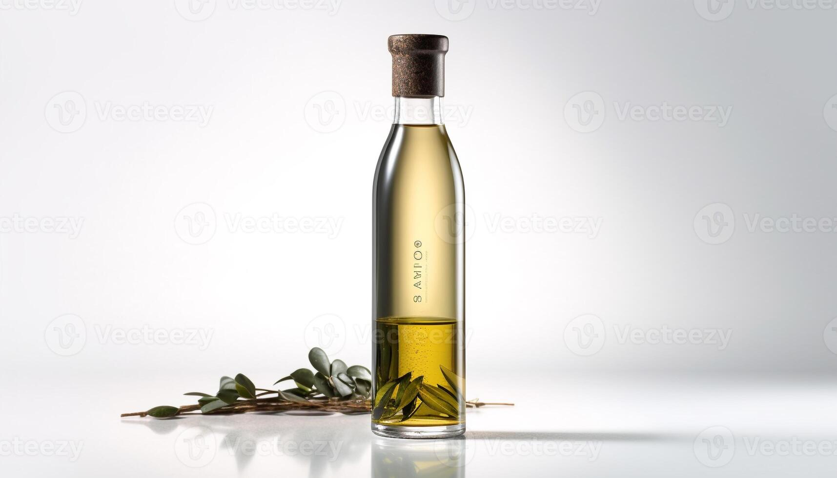Fresh olive oil in glass bottle, healthy cooking ingredient generated by AI photo