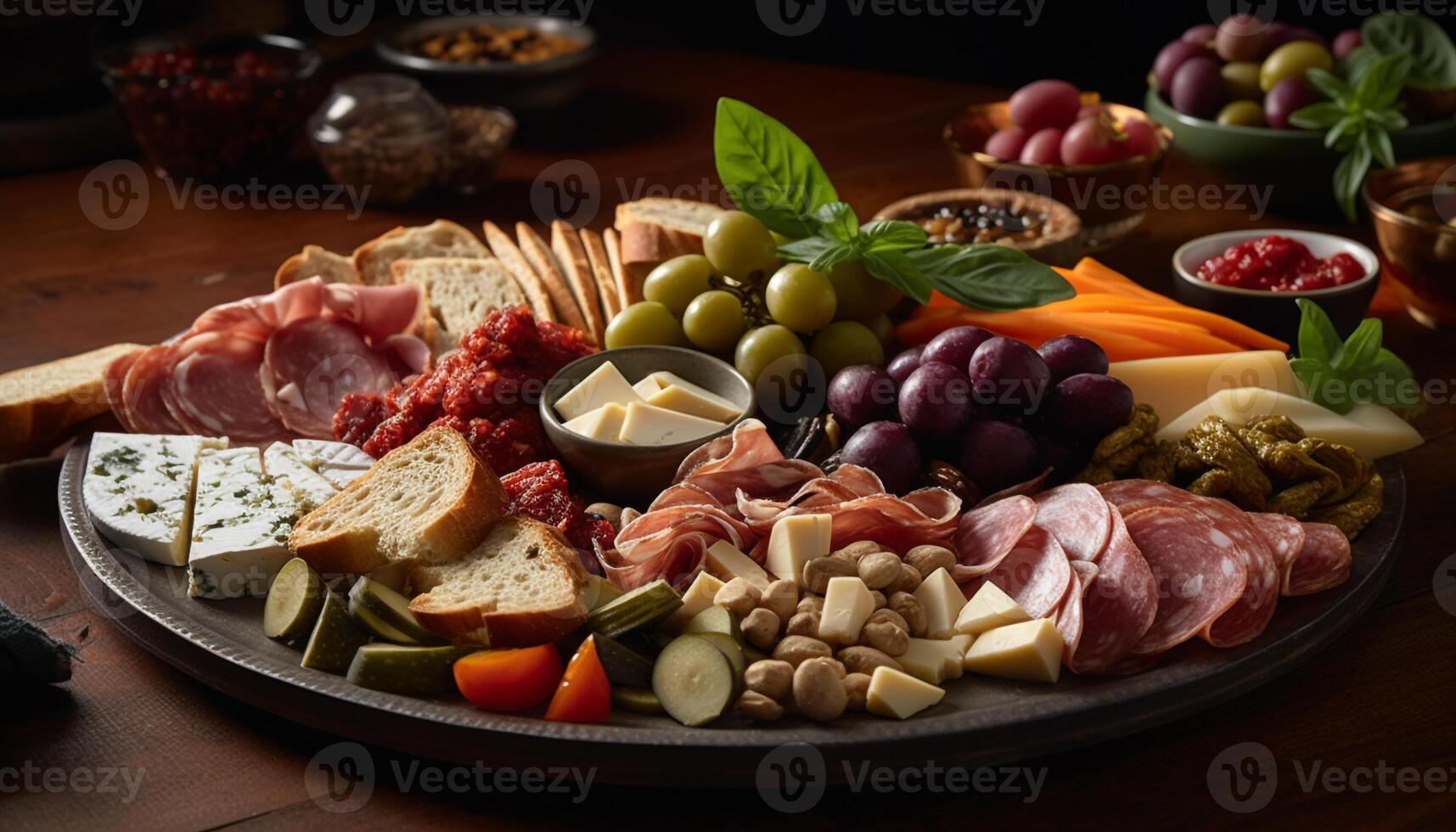 A rustic gourmet meal with meat, bread, fruit, and wine generated by AI photo