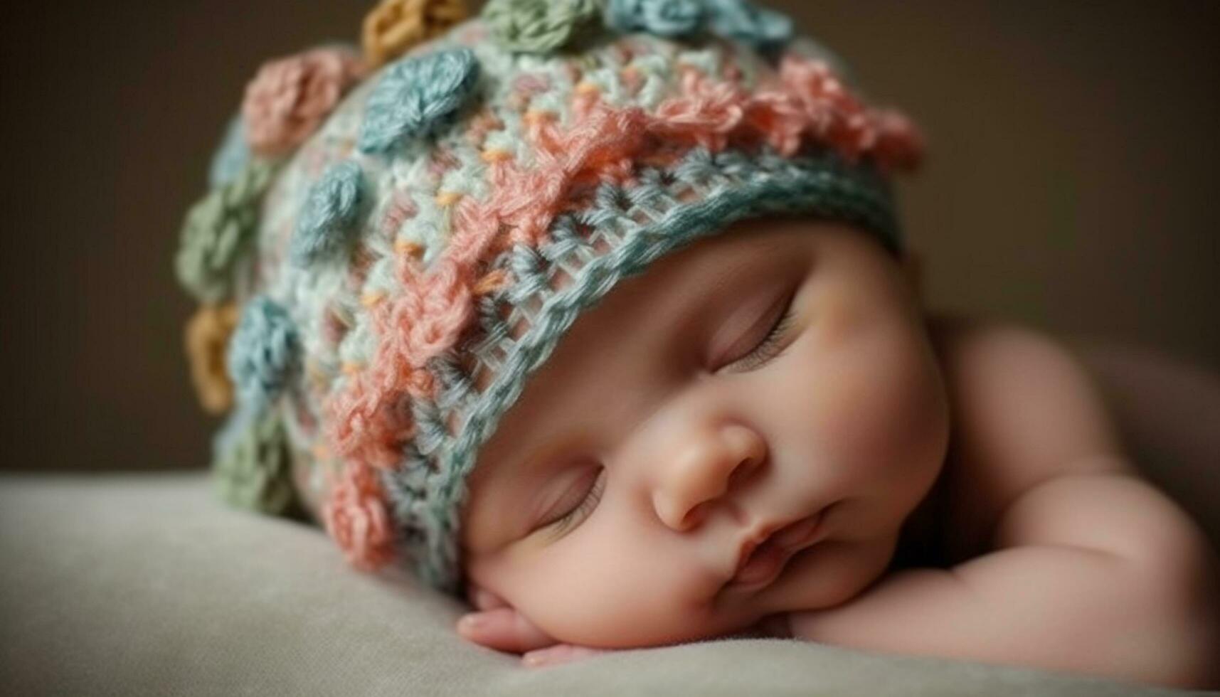 Cute baby boy and girl sleeping, wearing knit hats generated by AI photo