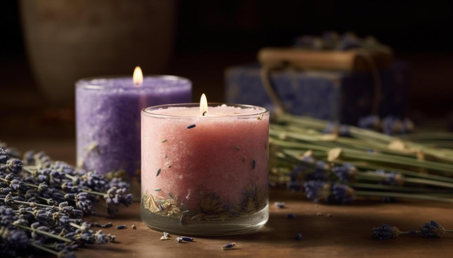 Aromatherapy candle burning, herbal relaxation for wellbeing and healthy lifestyle generated by AI photo