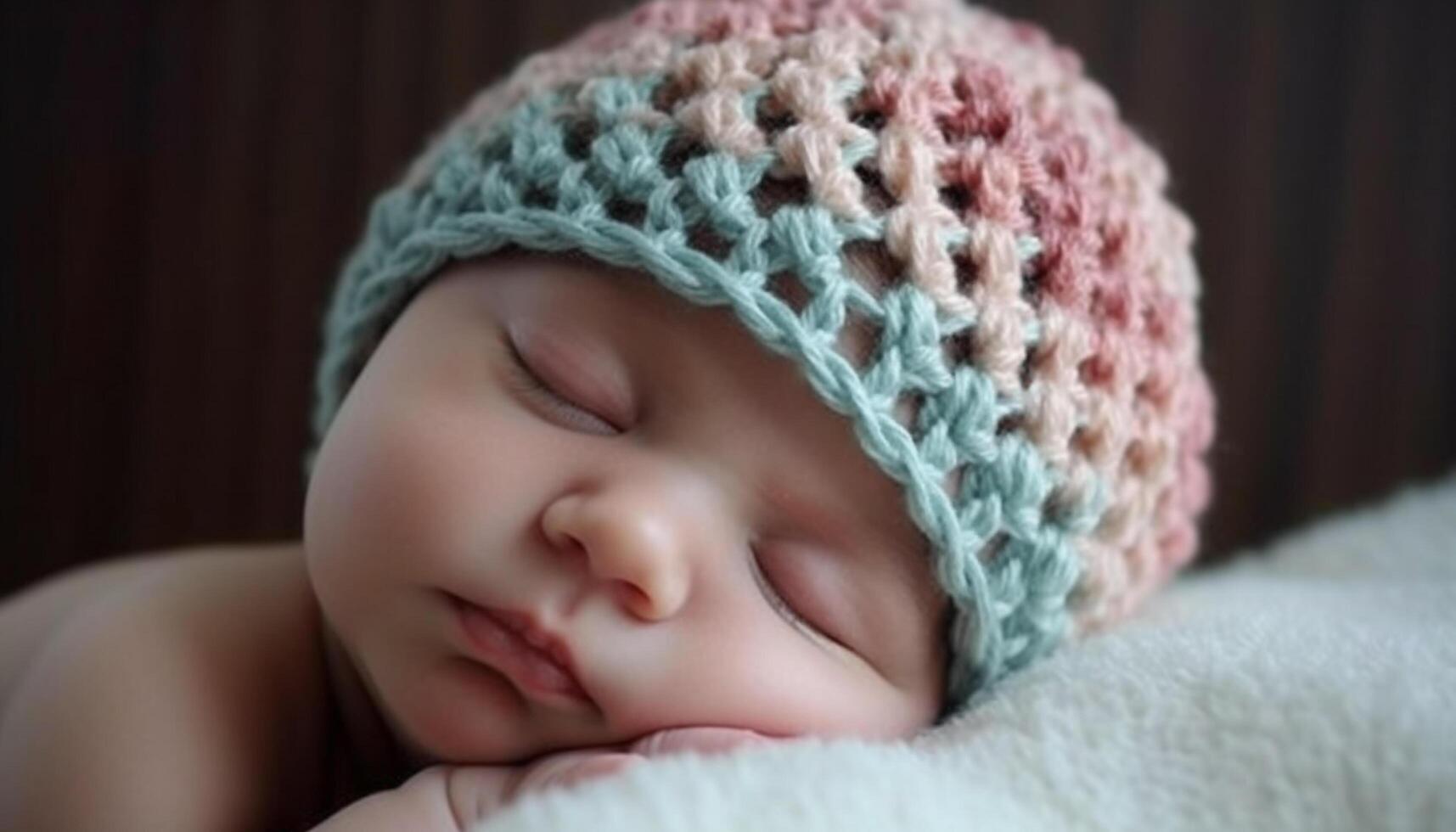 A cute newborn baby boy sleeping peacefully in a knit hat generated by AI photo