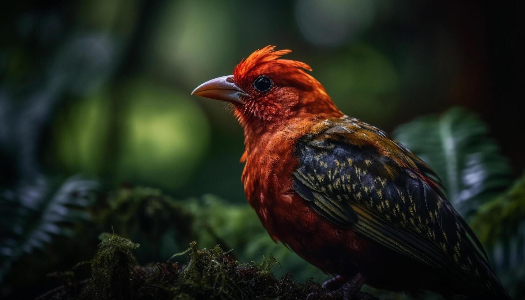A vibrant rooster perching on a branch in the forest generated by AI photo