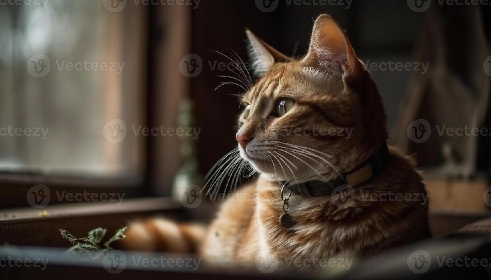 Cute kitten sitting by window, staring with curious yellow eyes generated by AI photo