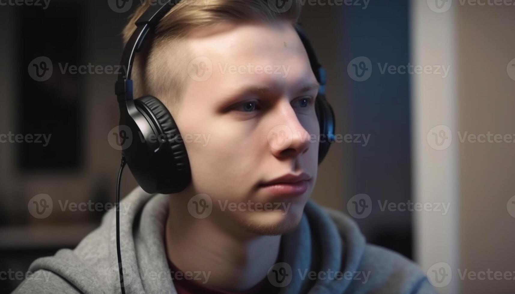 Young adult Caucasian male wearing casual clothing, listening to headphones generated by AI photo