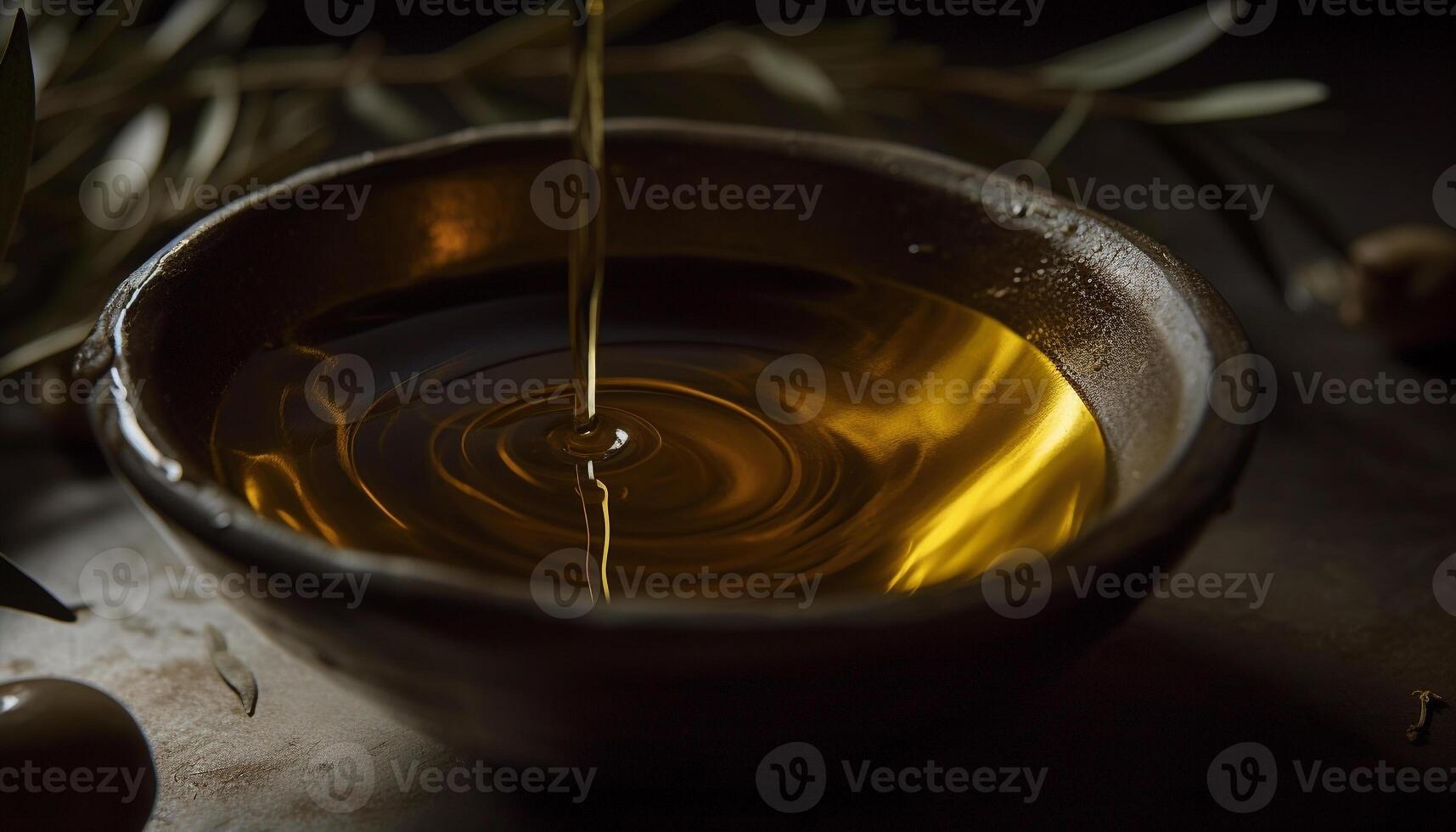 Pouring golden olive oil into a fresh, organic, gourmet bowl generated by AI photo