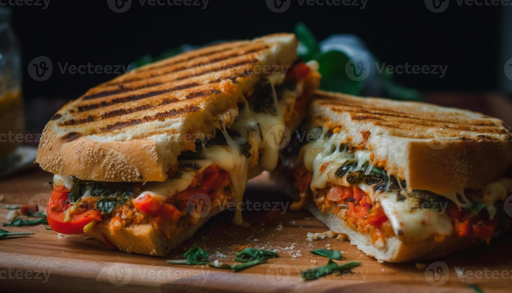 Grilled gourmet sandwich on toasted bread with fresh vegetables and meat generated by AI photo