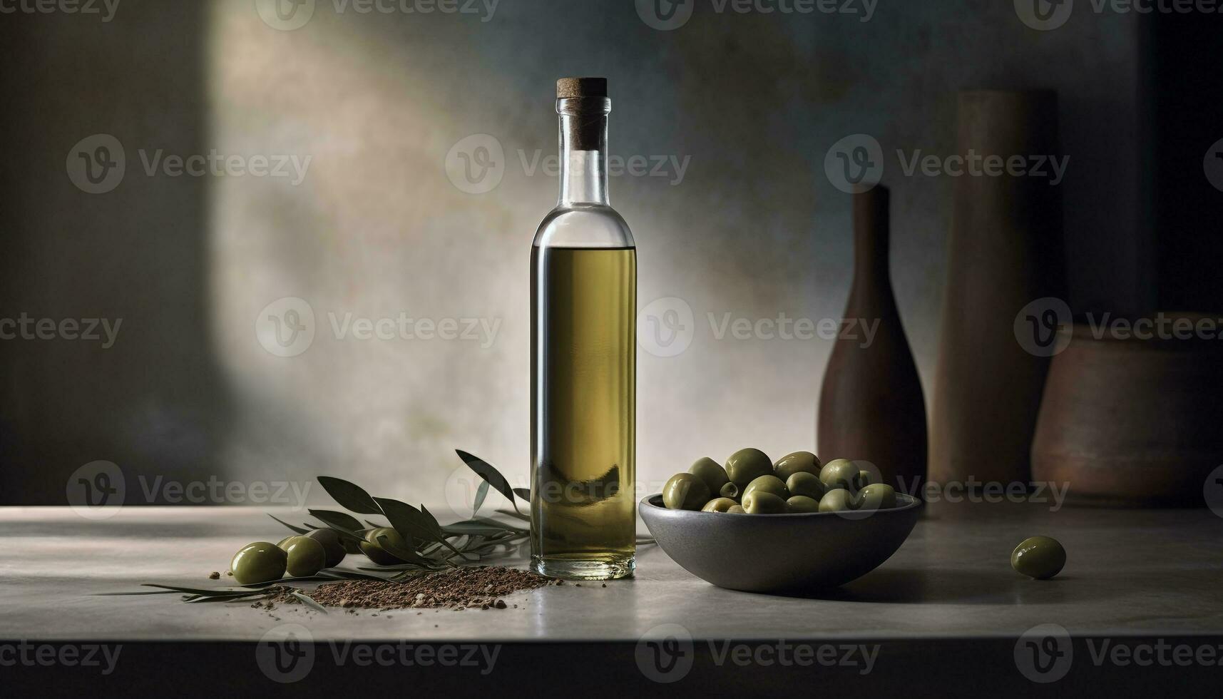 Freshness of nature bounty, olive oil, liquid gold on table generated by AI photo