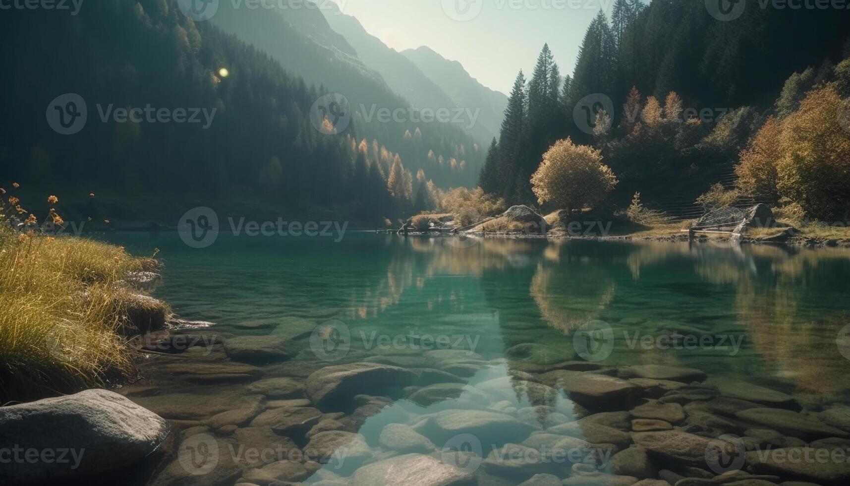 Tranquil scene nature beauty reflected in the peaceful mountain pond generated by AI photo