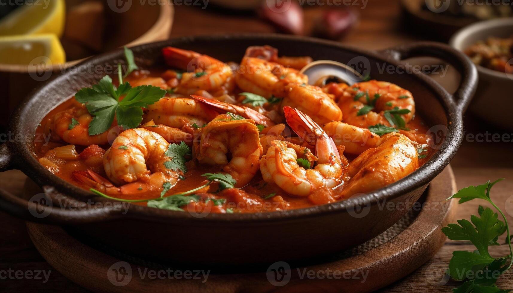 Fresh seafood cooked in a gourmet meal, served in a bowl generated by AI photo