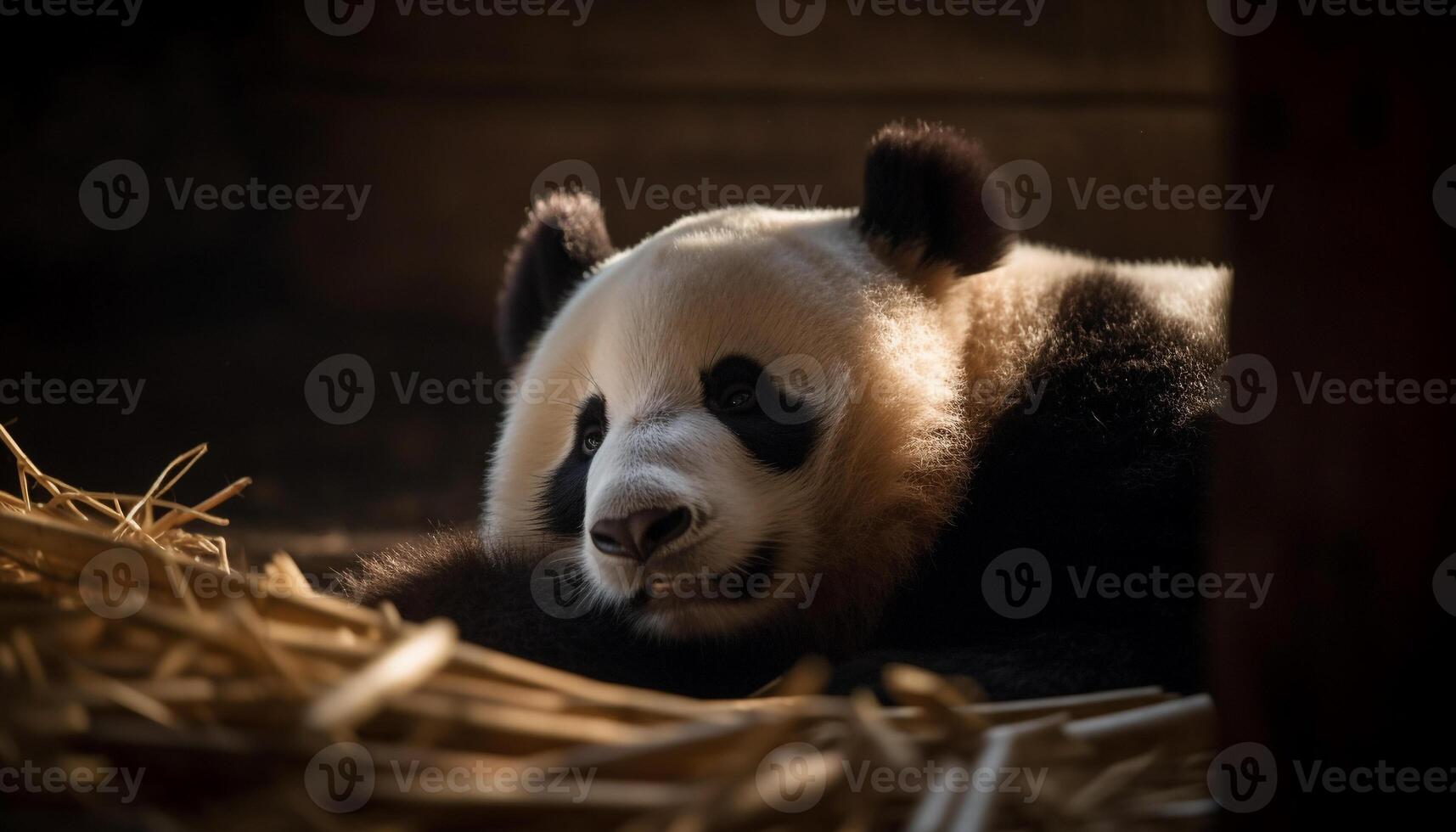 A cute giant panda eating bamboo in the Chengdu wildlife reserve generated by AI photo