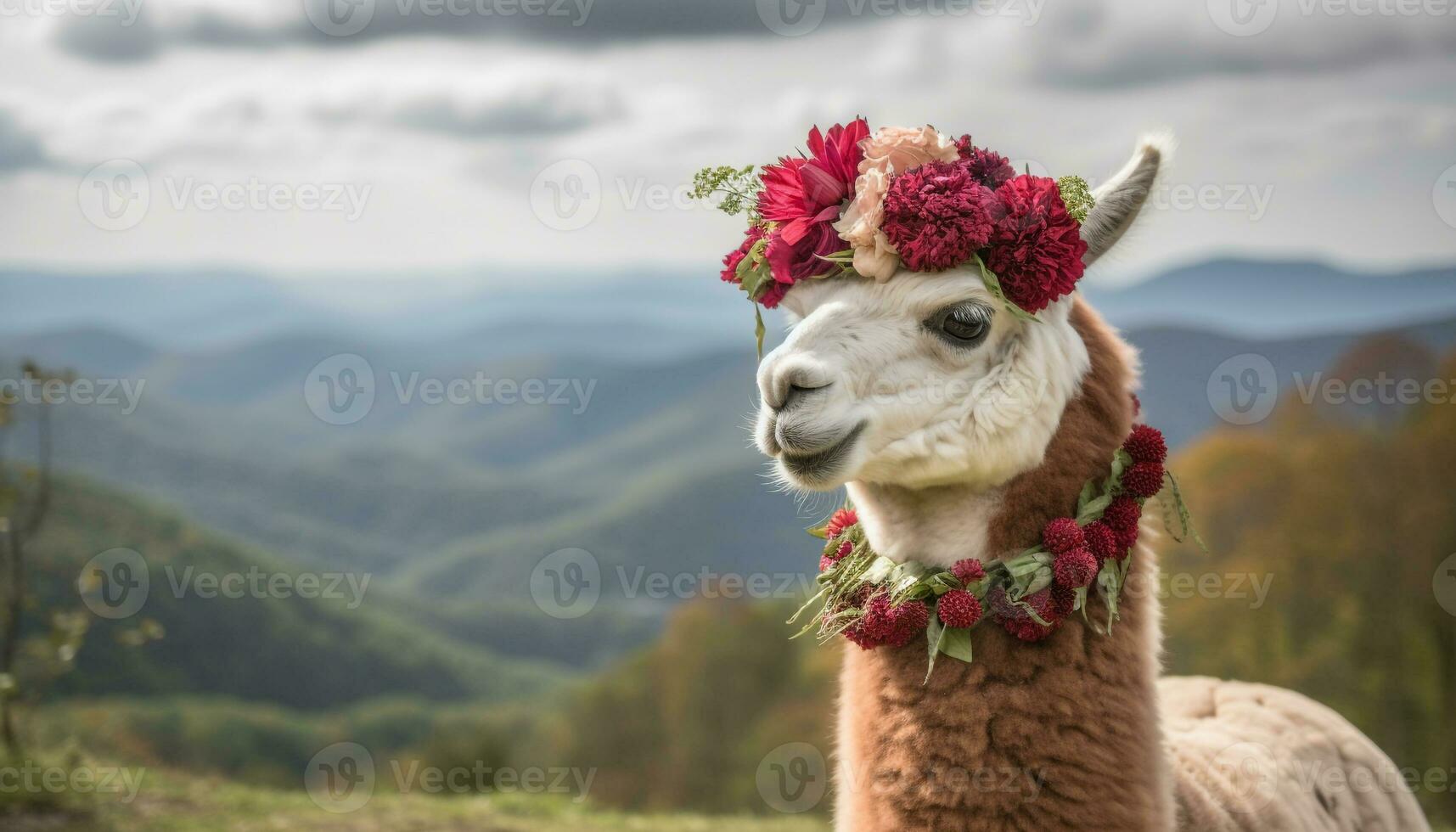 Alpaca grazing on green grass, smiling in beautiful autumn meadow generated by AI photo