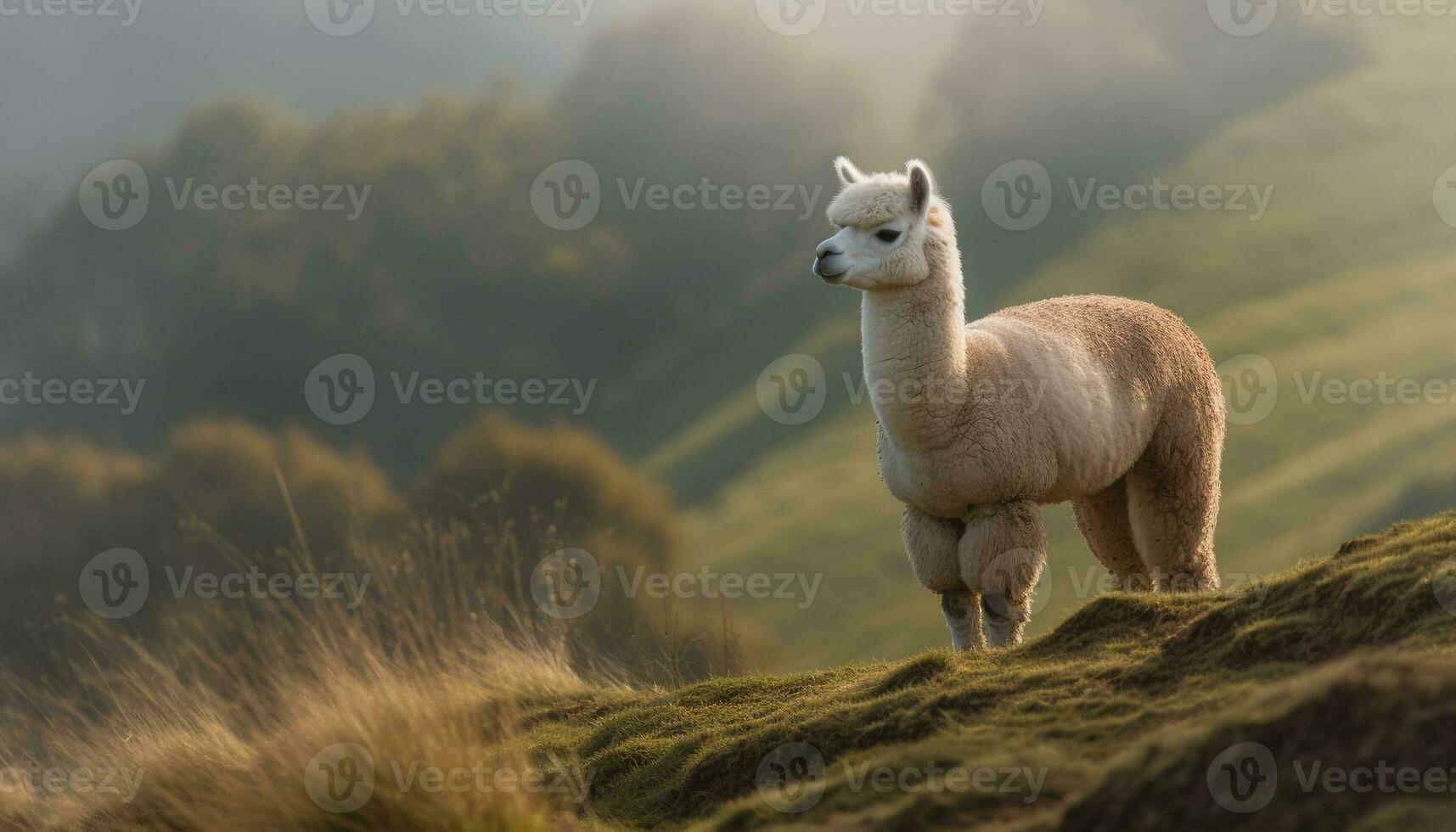 Cute alpaca grazing on green meadow, looking at camera generated by AI photo