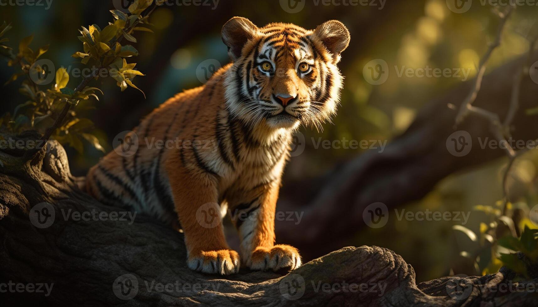 Tiger in nature, striped fur, staring, beauty in wildlife reserve generated by AI photo