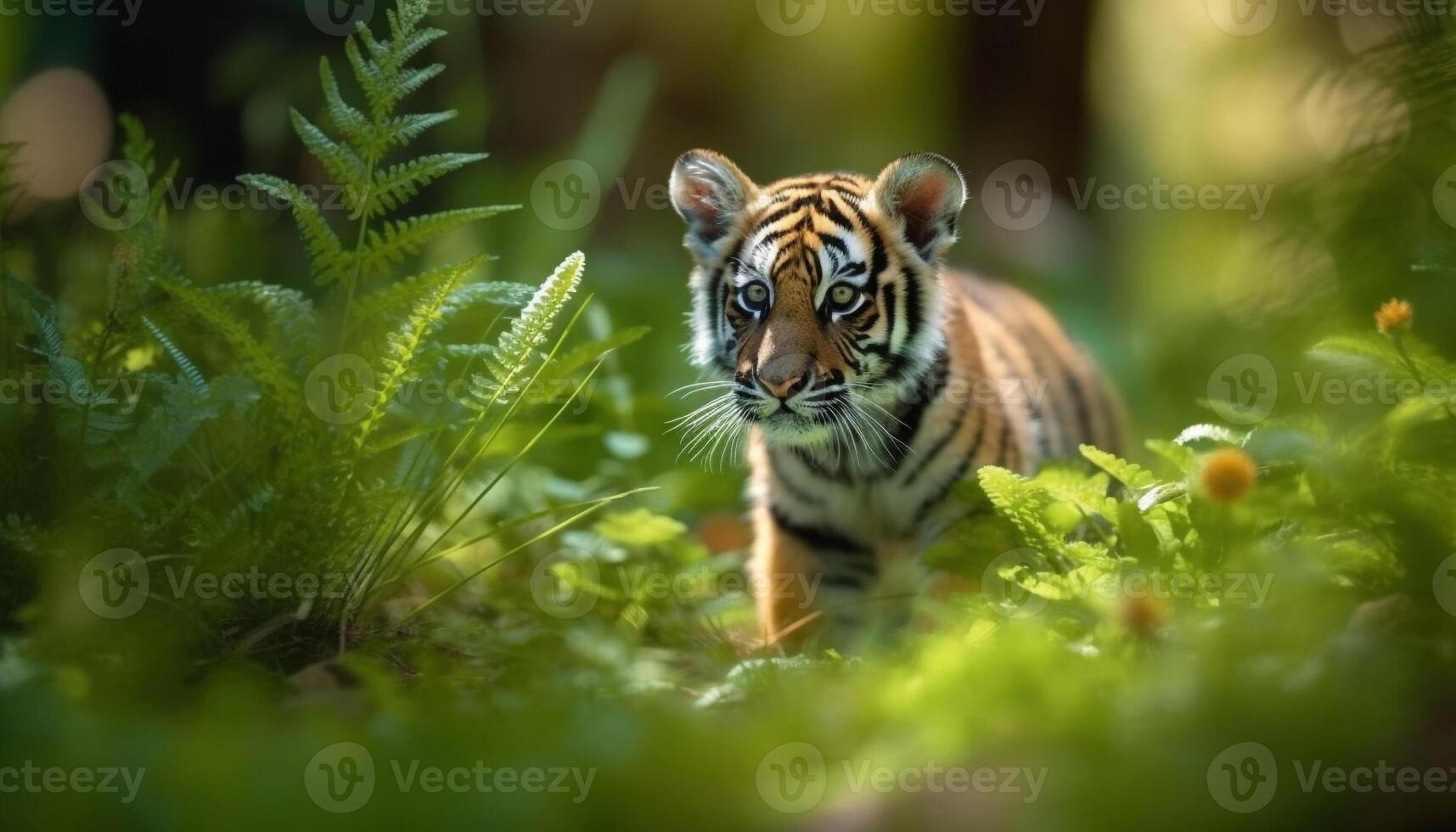 A cute young tiger walking in the forest, staring fiercely generated by AI photo