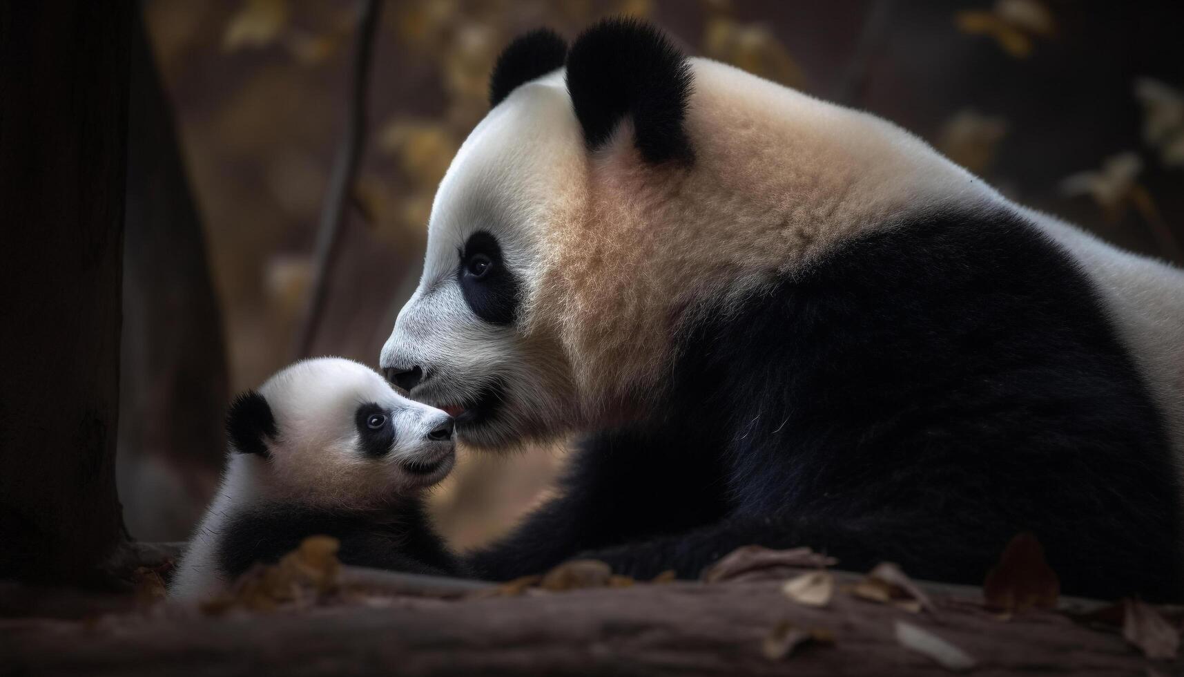 linda gigante panda comiendo bambú en el salvaje, negro y blanco generado por ai foto