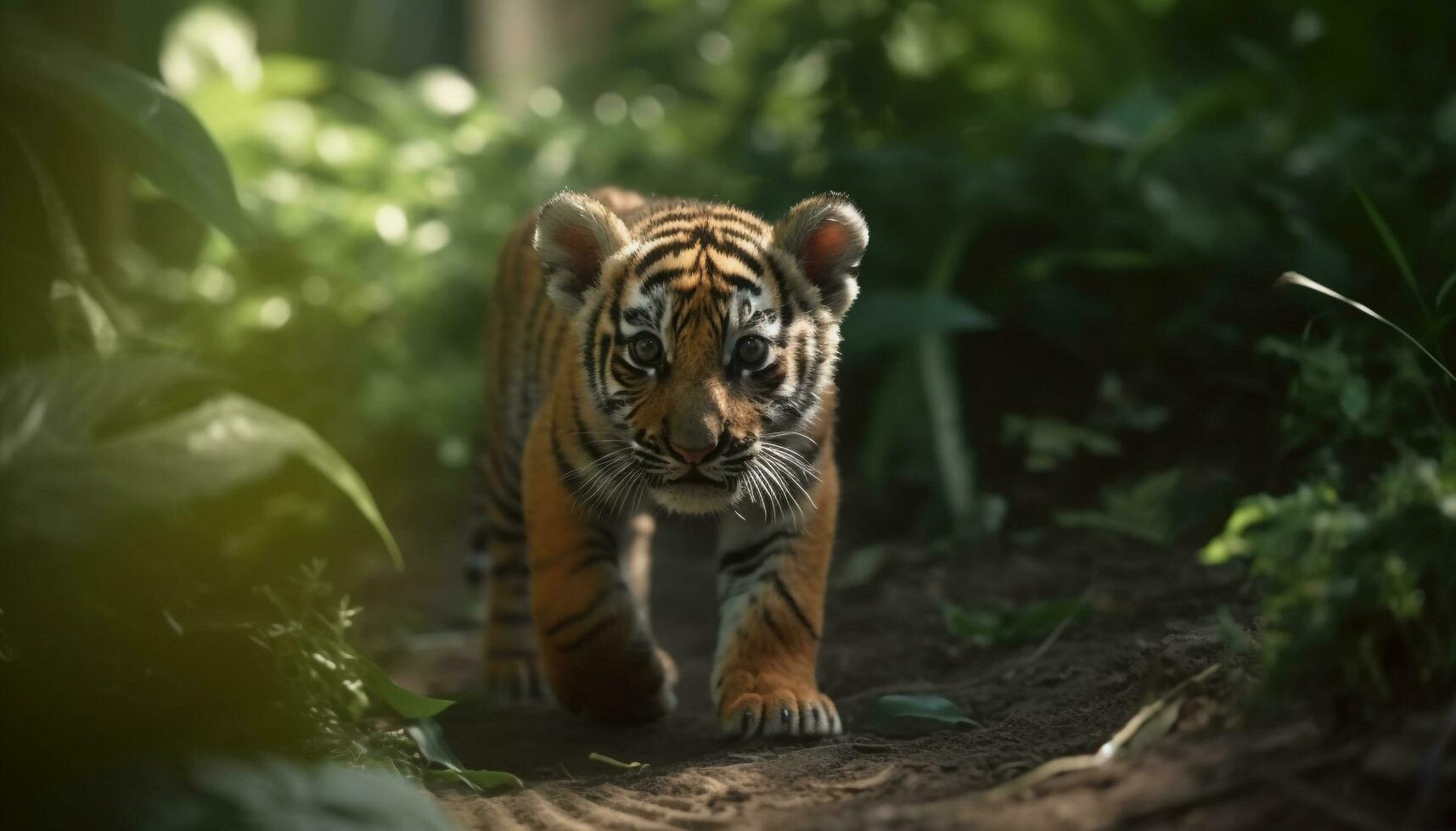 Bengal tiger, striped feline, endangered species, tropical rainforest, large fur generated by AI photo