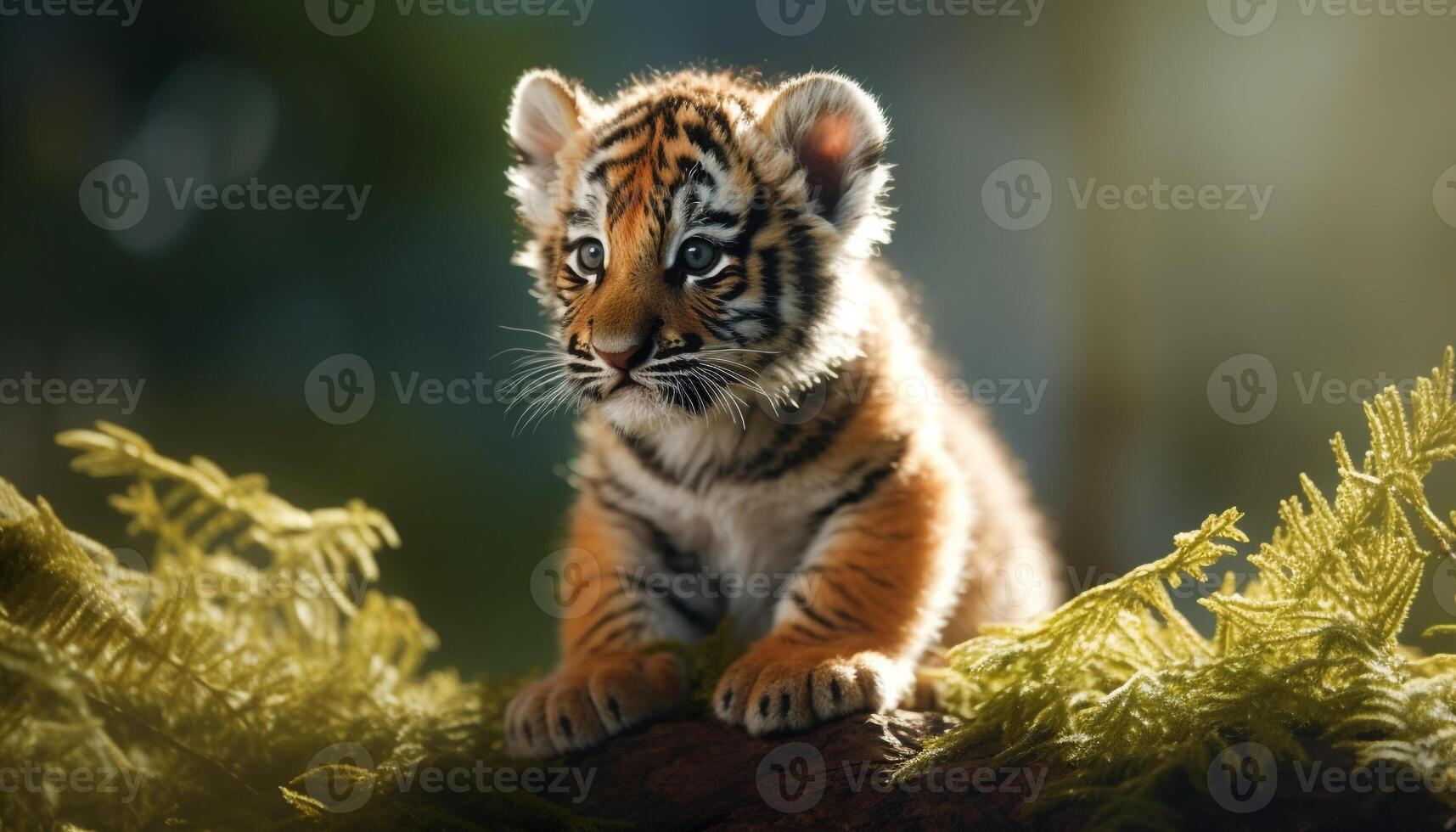 Cute Bengal tiger cub playing in the grass, staring at camera generated by AI photo