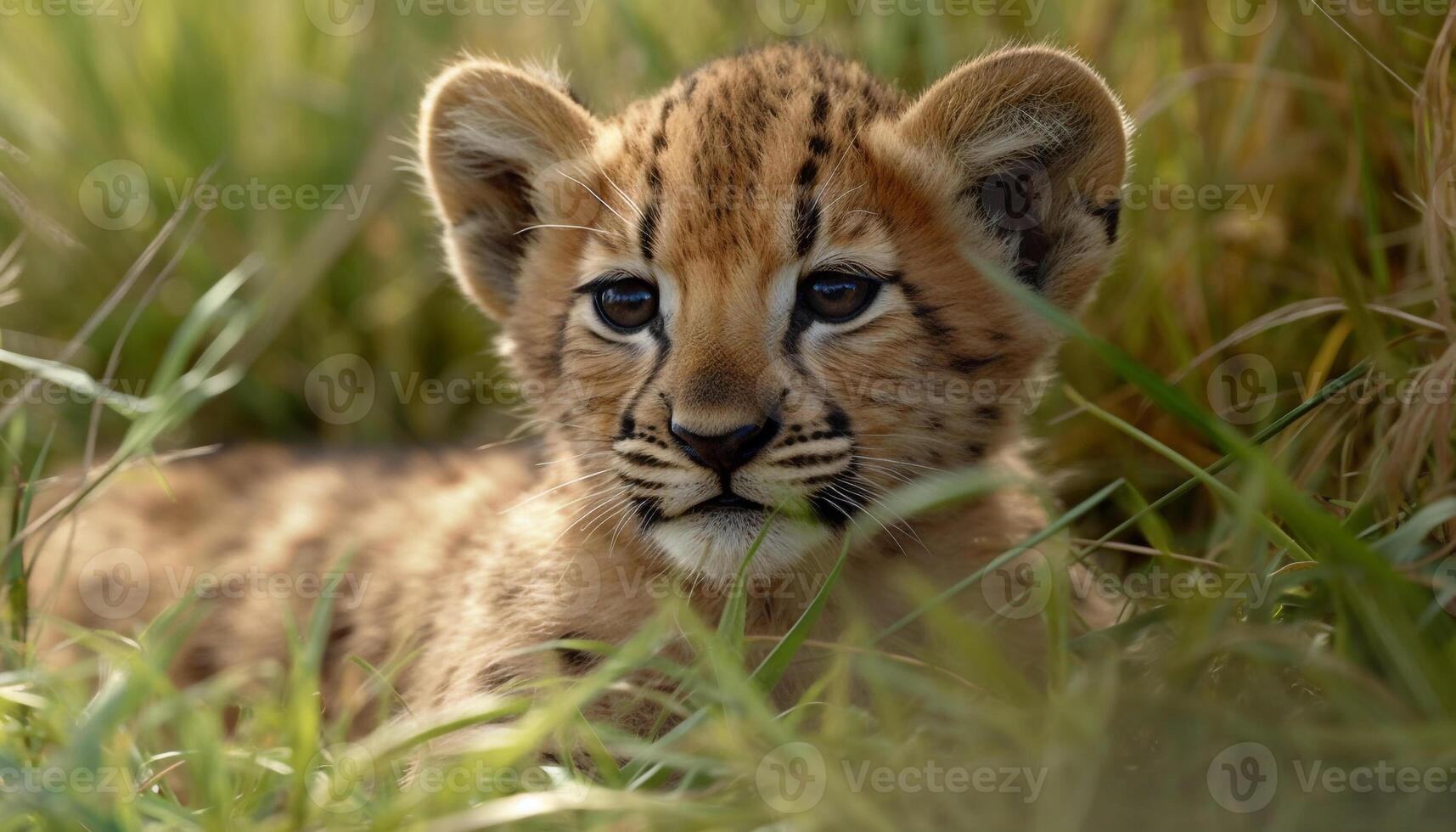 Cute young cheetah hiding in grass, staring at camera, Africa generated by AI photo