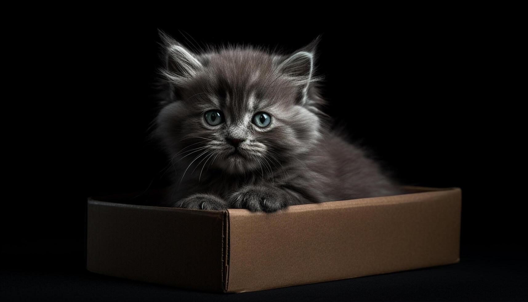 Cute kitten with blue eyes sitting, looking at camera playfully generated by AI photo