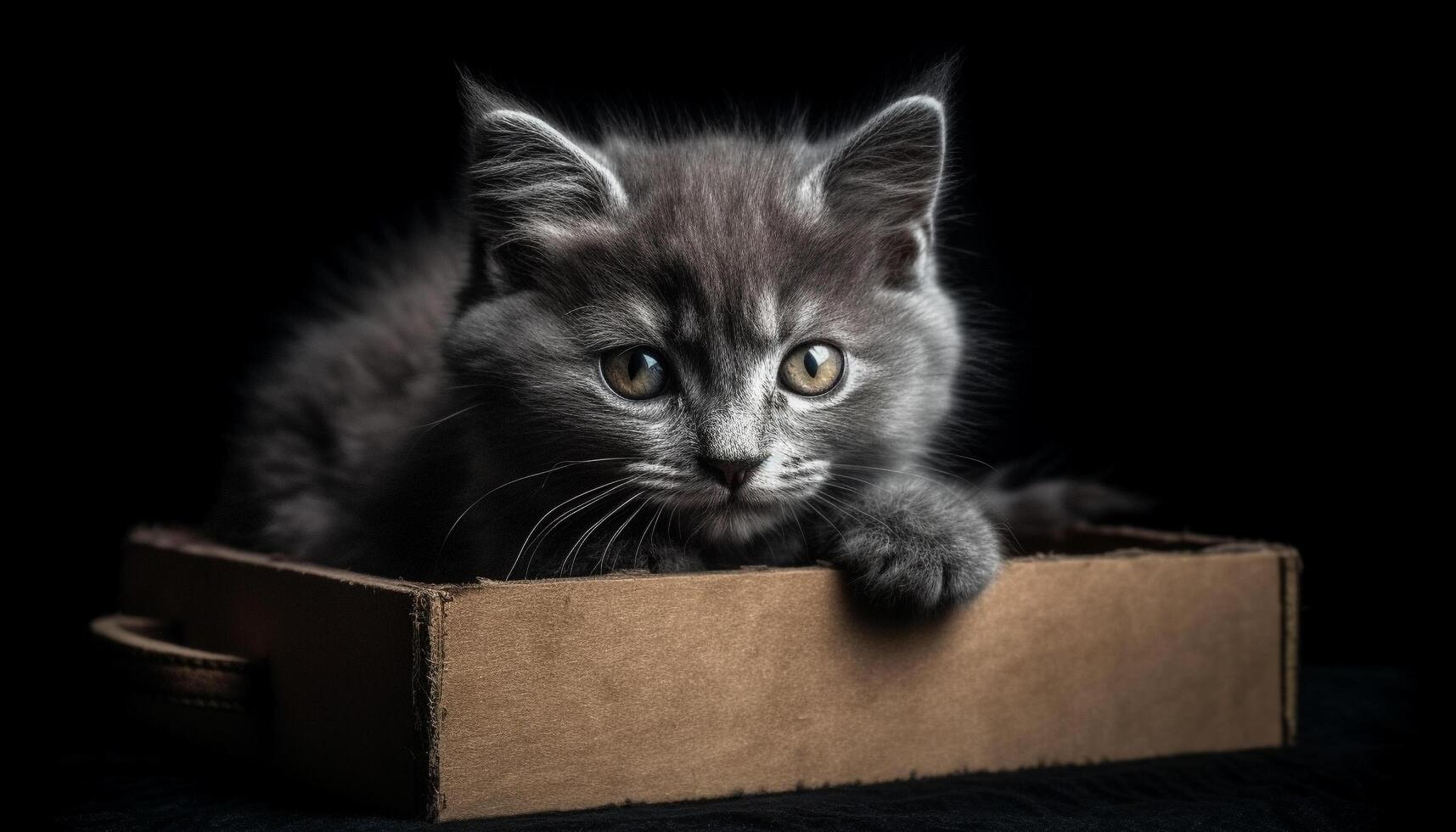 Cute kitten, small and fluffy, sitting, staring with blue eyes generated by AI photo