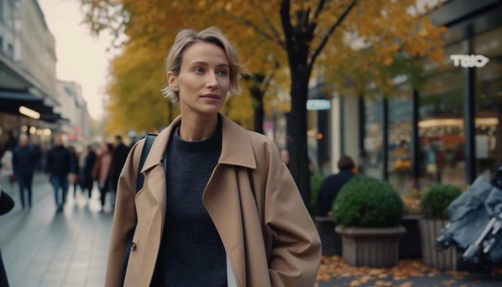 A confident young businesswoman walking in the autumn city outdoors generated by AI photo