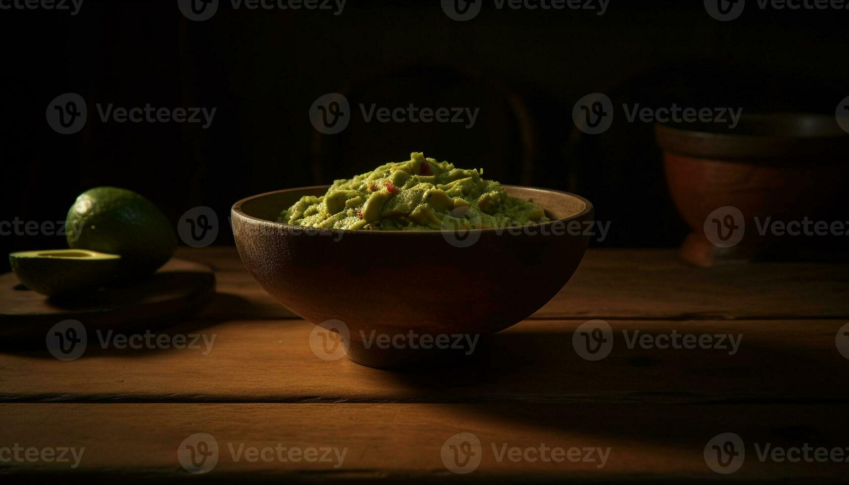 Fresco guacamole en un de madera mesa, un sano vegetariano bocadillo generado por ai foto