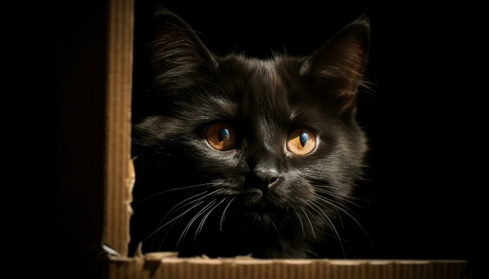 Cute kitten looking at camera, whiskers alert, sitting on wood generated by AI photo