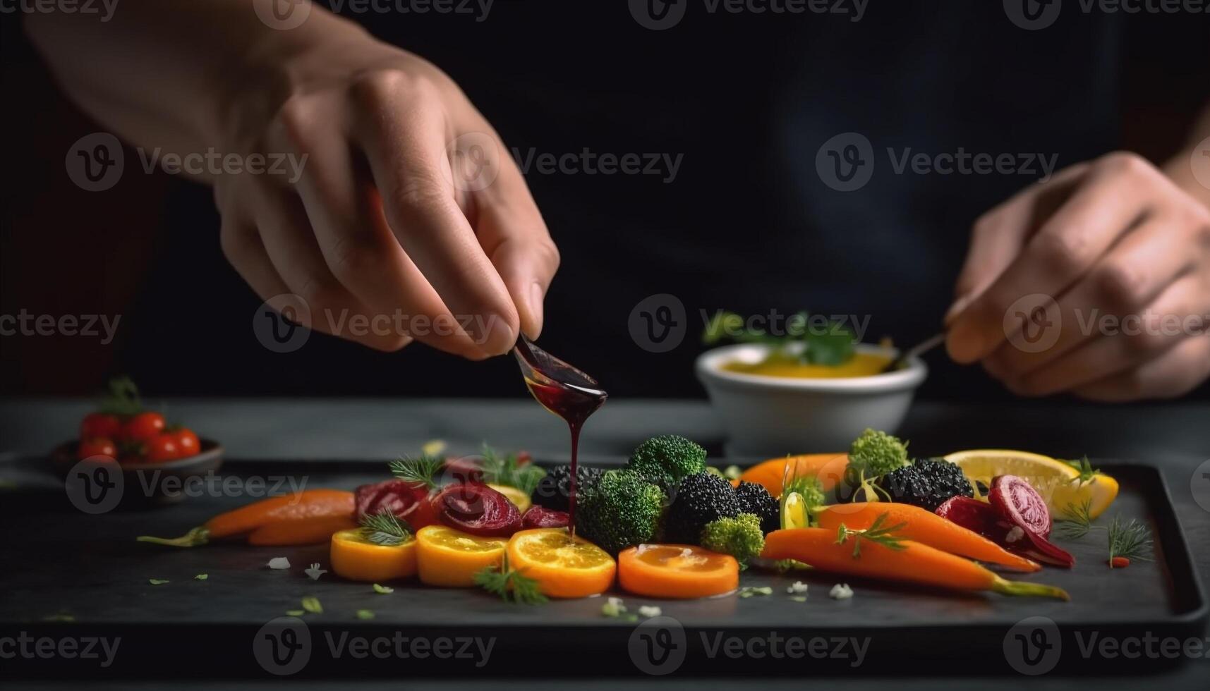 frescura y gastrónomo en un sano comida en un plato generado por ai foto