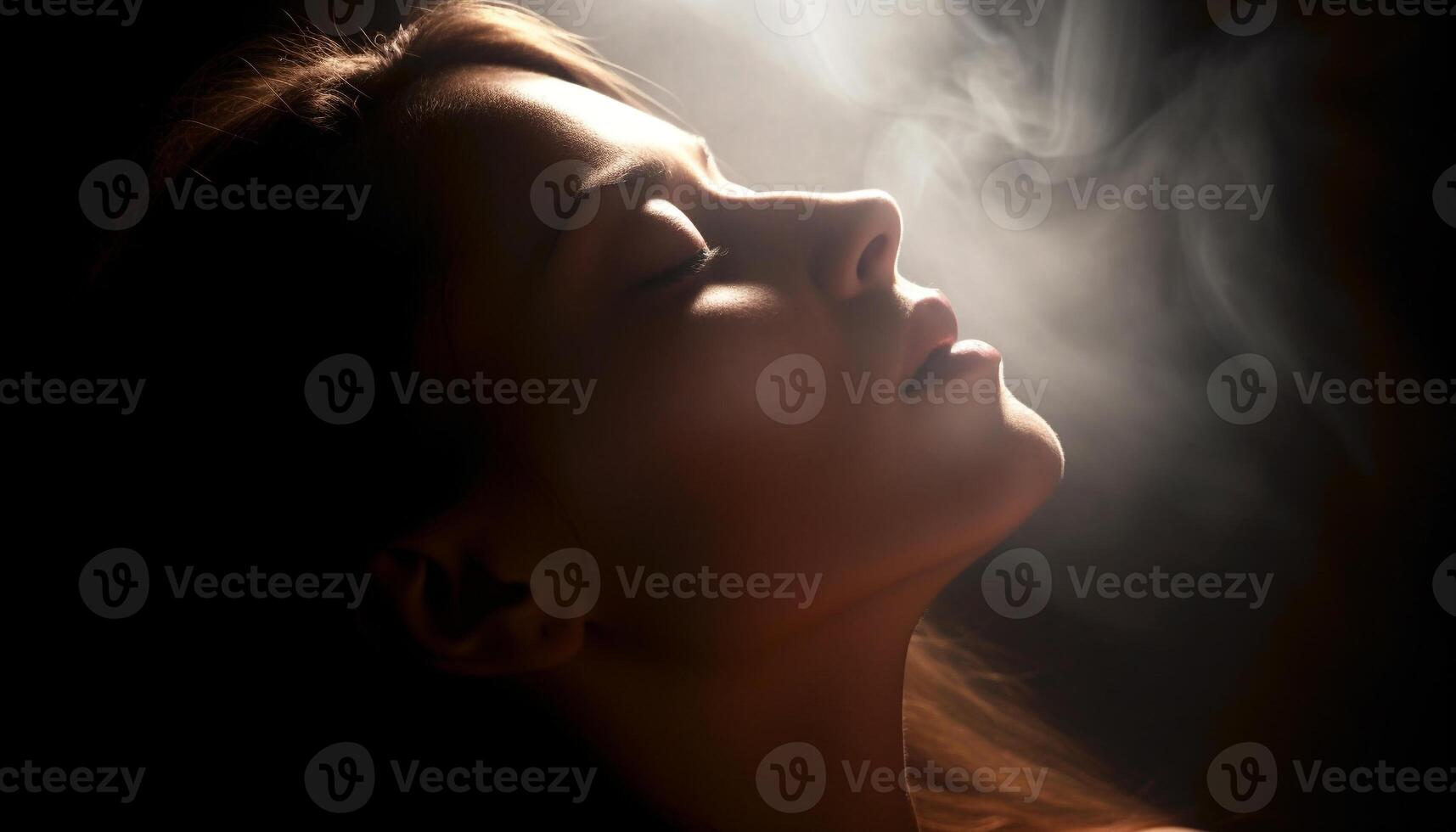 Young adult woman, with closed eyes, in a serene profile view generated by AI photo