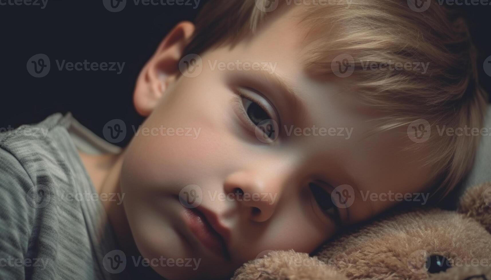 Cute child embraces teddy bear, smiling with innocence and joy generated by AI photo
