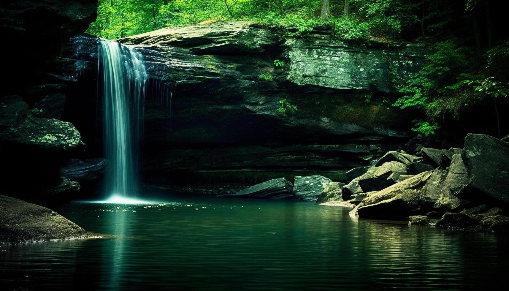 Freshness of flowing water in a tranquil tropical rainforest landscape generated by AI photo