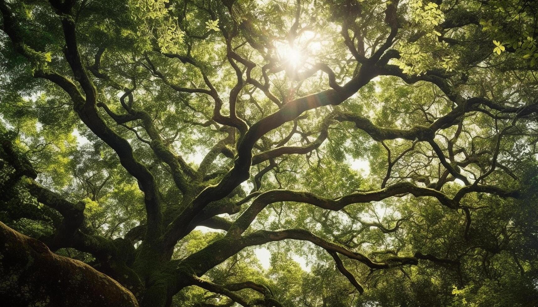 A vibrant green forest, bathed in sunlight, symbolizes summer growth generated by AI photo