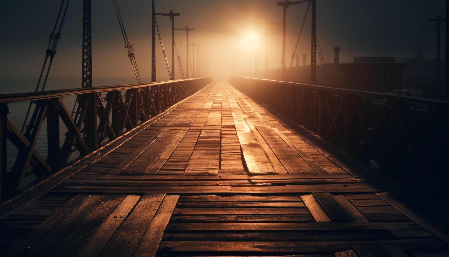 Tranquil sunset over water, bridge silhouette, nature beauty vanishing generated by AI photo