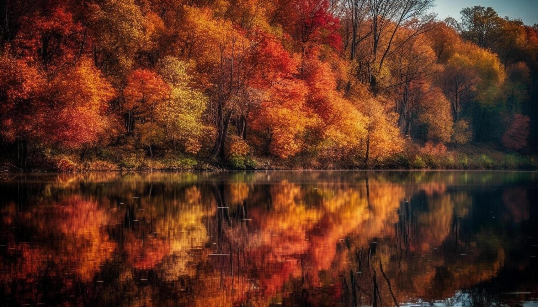 Autumn forest, vibrant colors reflect on tranquil pond, nature beauty generated by AI photo