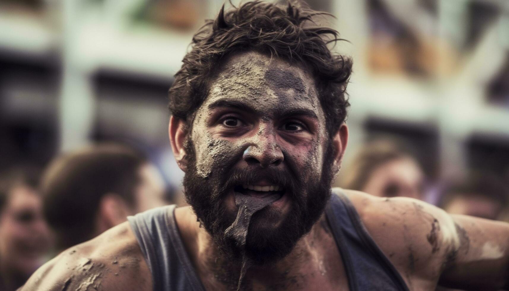 A smiling, wet athlete competes in a muddy championship outdoors generated by AI photo