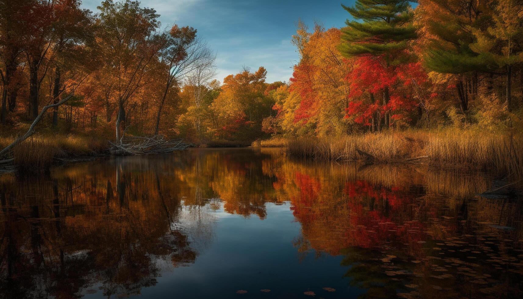 Autumn forest, vibrant colors reflect on tranquil pond, nature beauty generated by AI photo
