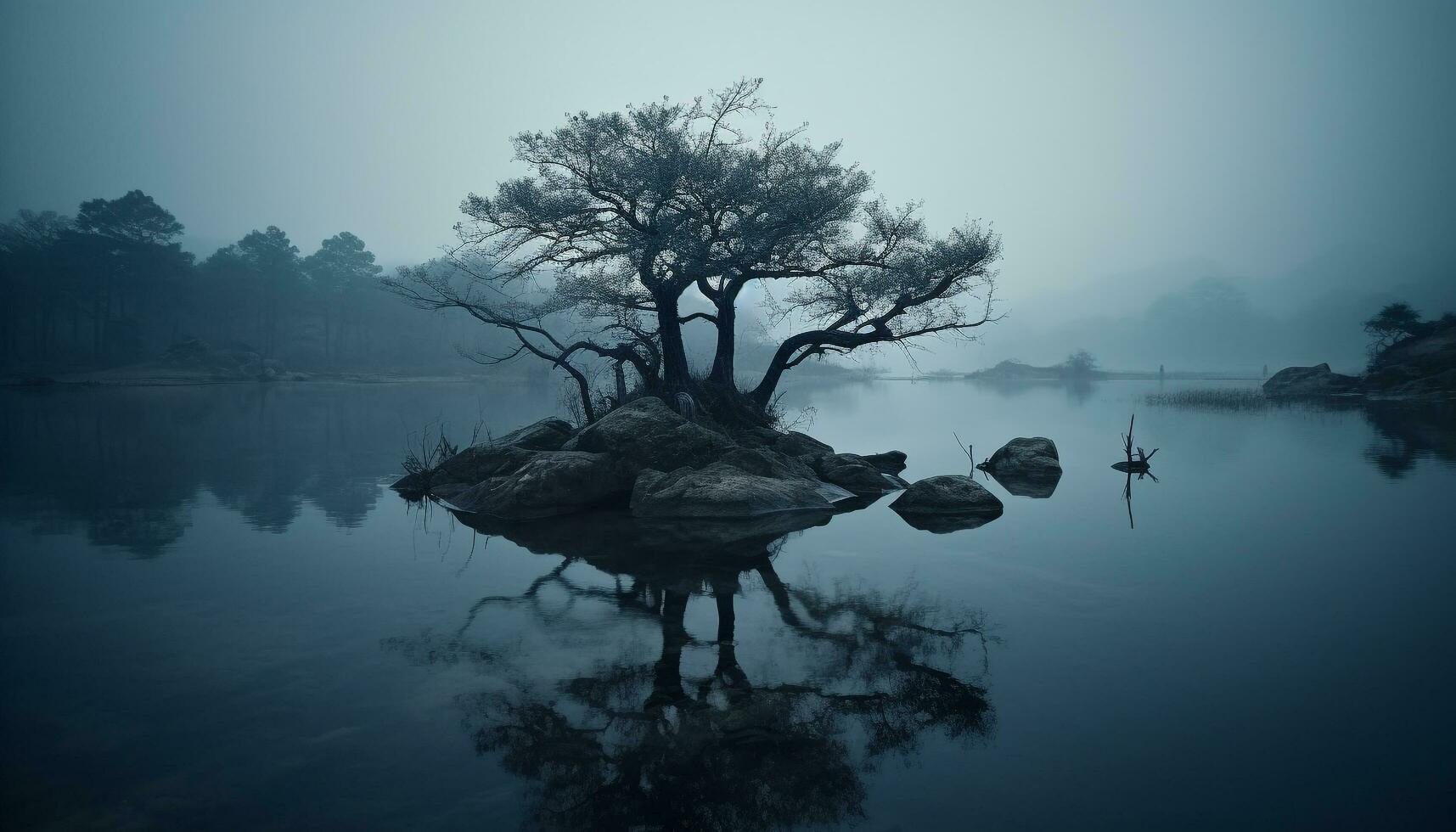 Tranquil scene foggy forest reflects mysterious beauty in nature generated by AI photo