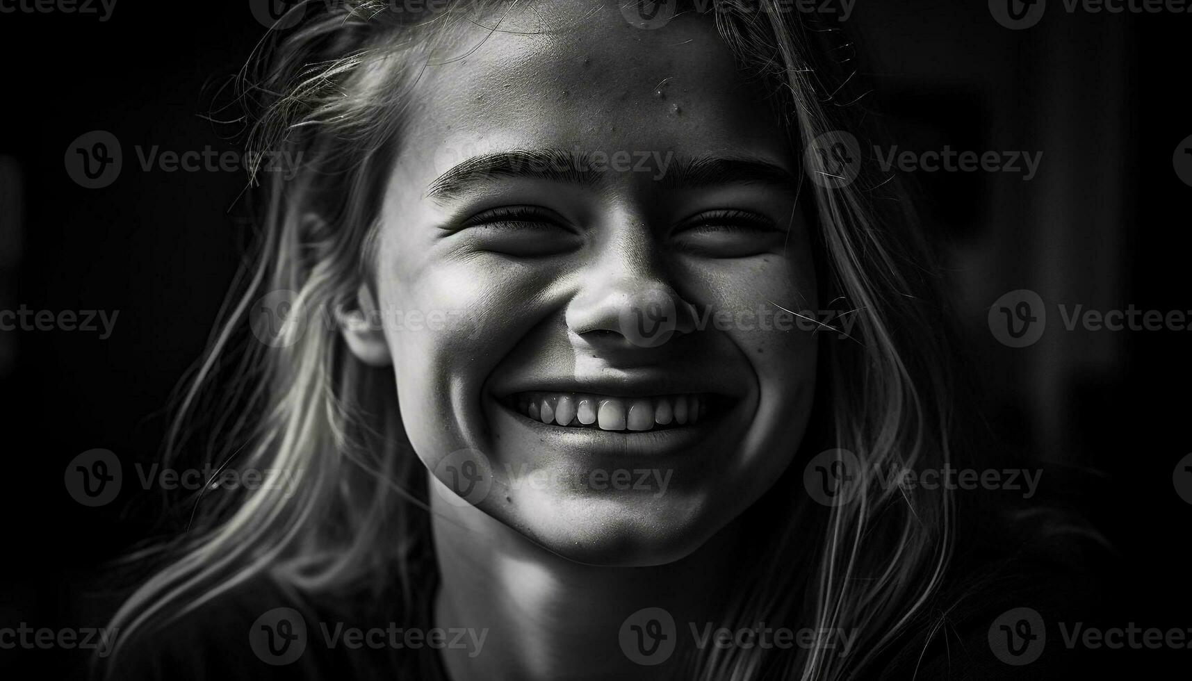 sonriente retrato de uno alegre mujer, negro y blanco belleza generado por ai foto