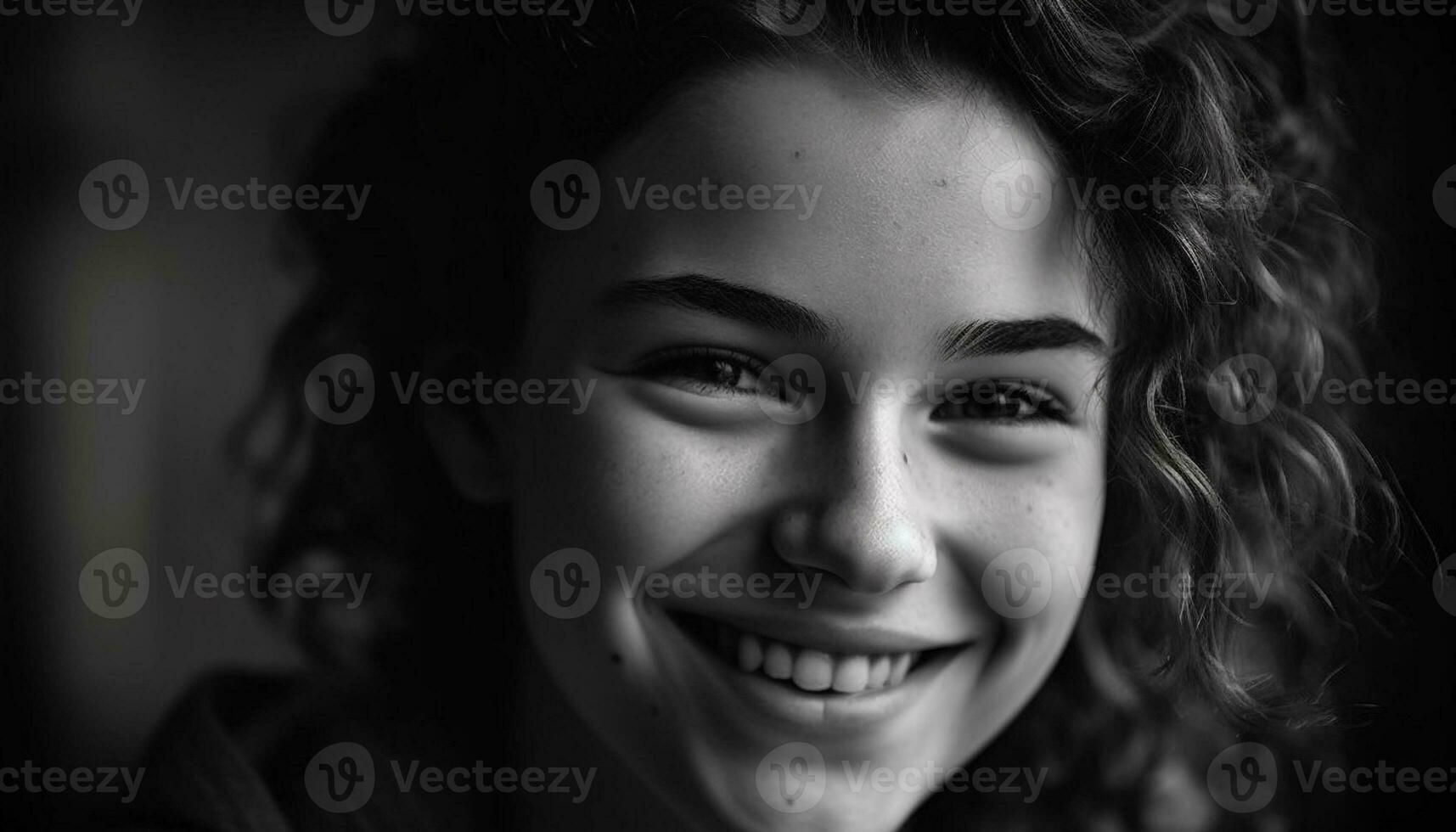 Smiling woman, portrait in black and white, looking at camera generated by AI photo