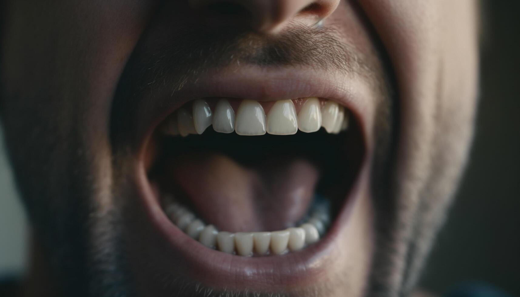 un sonriente hombre con un con dientes sonrisa y abierto boca generado por ai foto