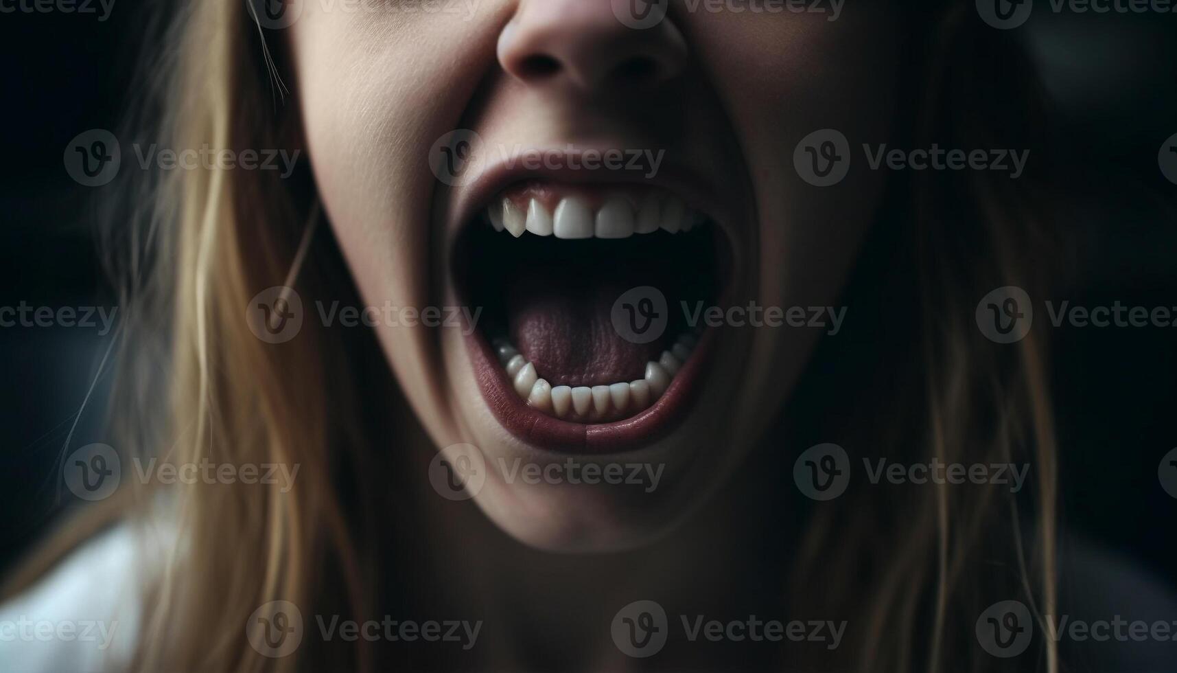 A furious young woman screaming with her mouth wide open generated by AI photo