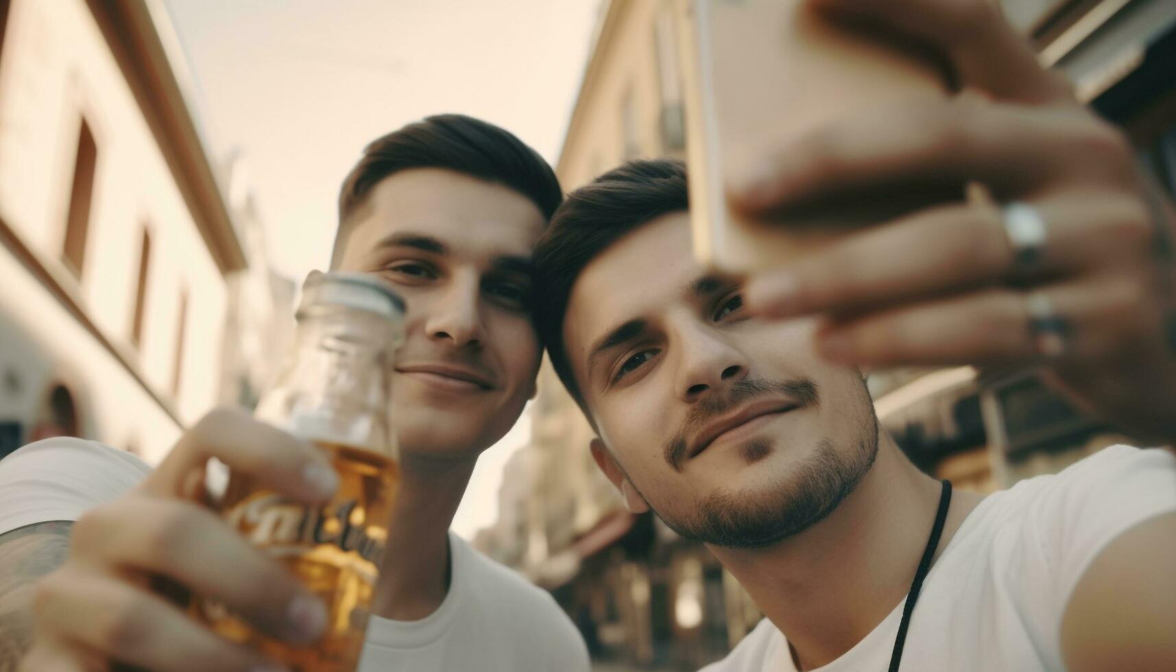 Young adults smiling, outdoors, holding drinks, enjoying friendship and togetherness generated by AI photo