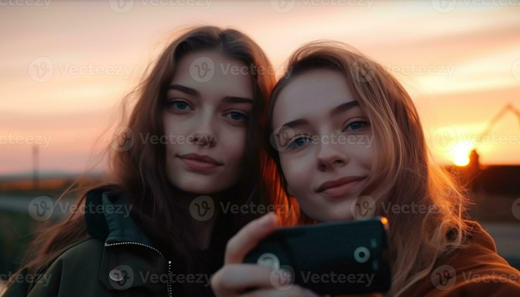 dos joven adulto hembras sonriente al aire libre a atardecer, tomando un selfie generado por ai foto