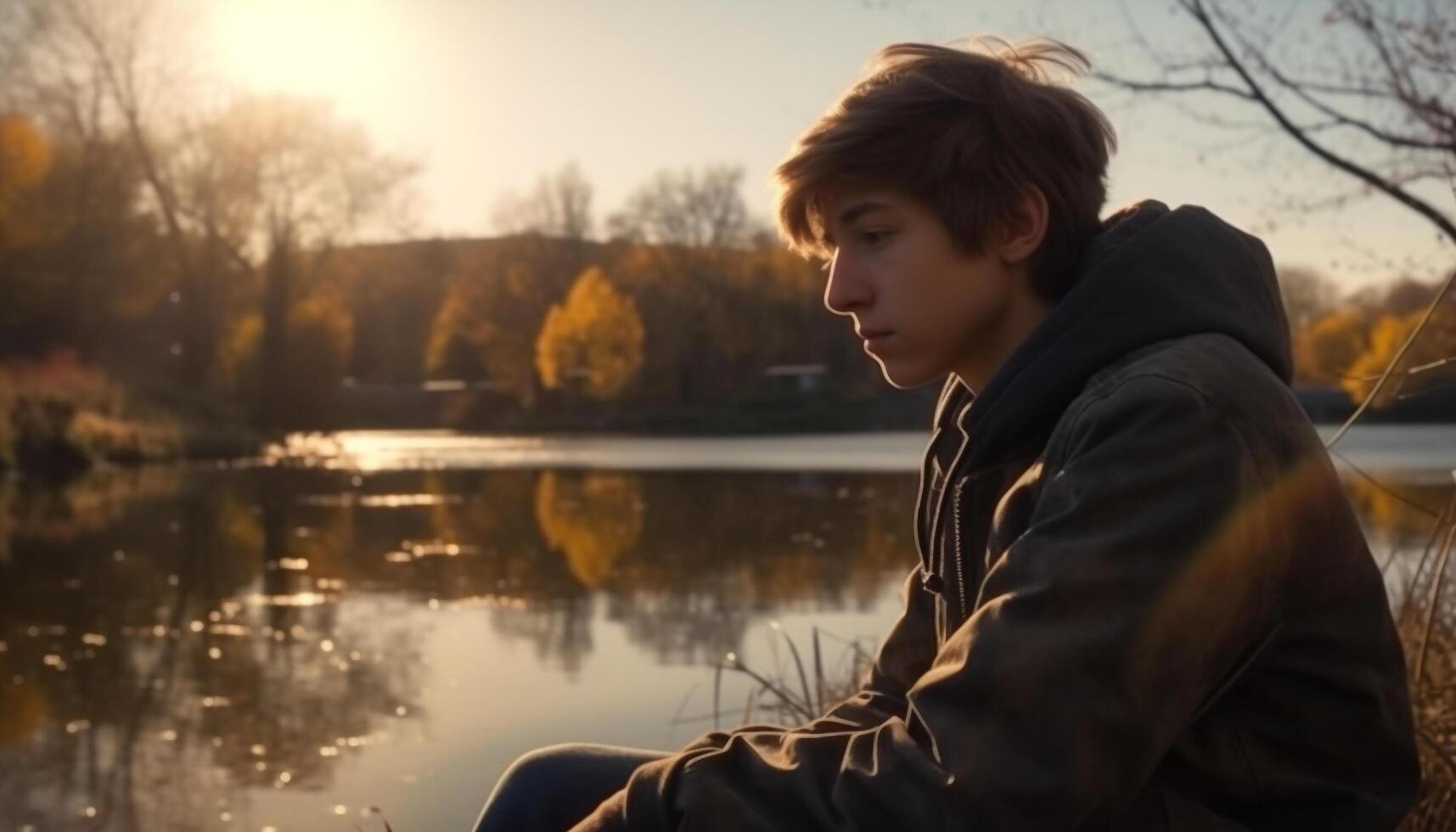 A young man sits by the pond, enjoying the autumn sunset generated by AI photo