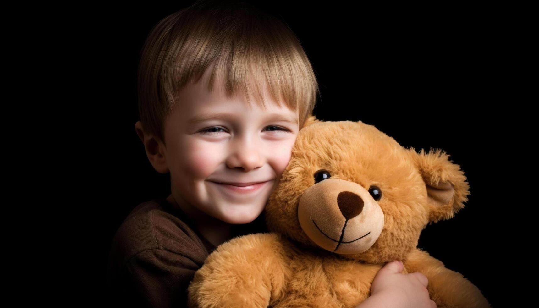 A cute child smiling, holding a toy, surrounded by love generated by AI photo